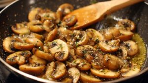 Sliced mushrooms being cooked in a pan with garlic, herbs, and oil, stirred with a wooden spoon