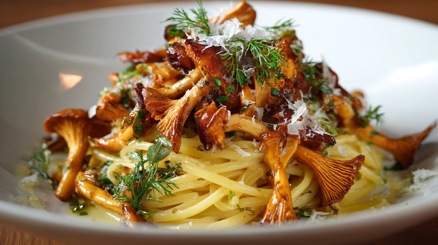 Close-up of spaghetti pasta served with chanterelle mushrooms, parmesan shavings, and fresh herbs