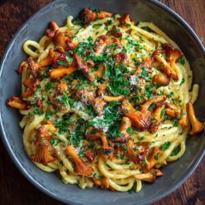 Bowl of creamy pasta garnished with sautéed chanterelle mushrooms, parsley, and grated cheese