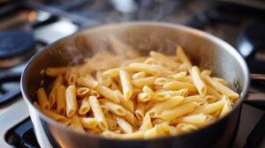 Steaming penne pasta in a pot on the stove, prepared for a chanterelle mushroom recipe