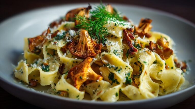 Close-up of tagliatelle pasta served with chanterelle mushrooms, fresh herbs, and grated parmesan