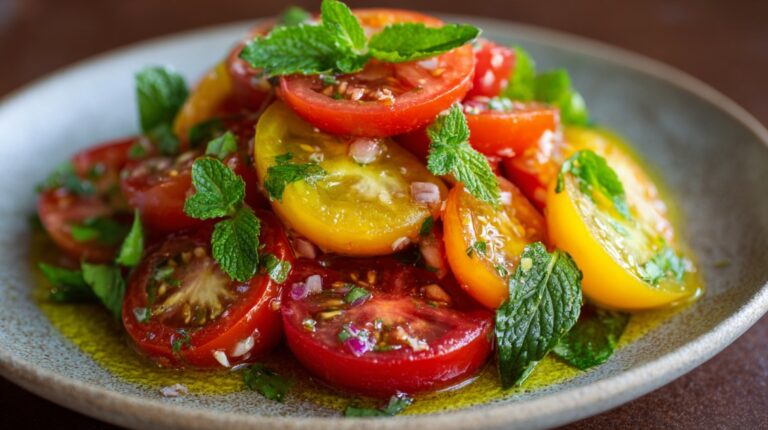 A close-up of a colorful heirloom tomato salad topped with fresh mint leaves, diced onions, and olive oil on a plate