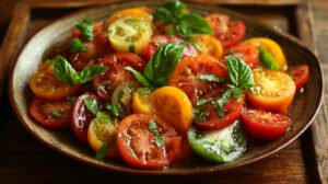A plate of heirloom tomato salad with basil leaves and olive oil, showcasing vibrant red, yellow, and green tomato slices