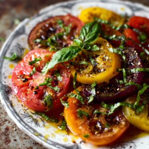 A plate of sliced heirloom tomatoes in red, yellow, and purple, topped with fresh basil, olive oil, and cracked black pepper