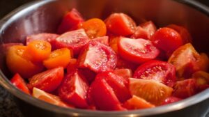 A stainless steel bowl filled with chopped red and yellow heirloom tomatoes