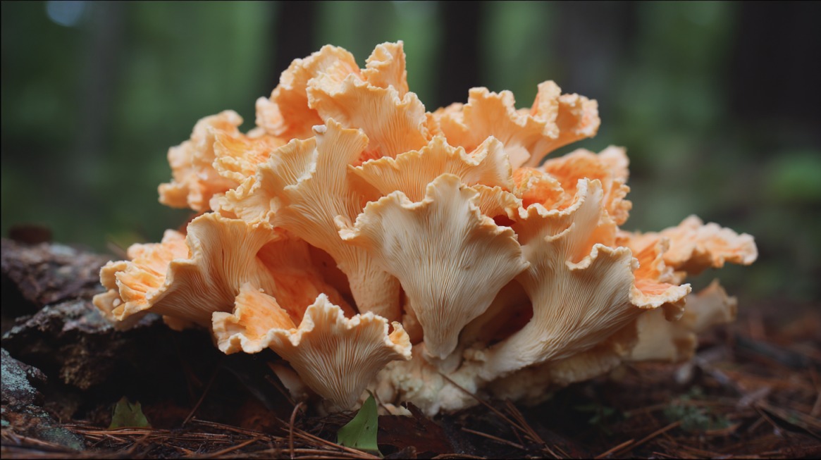 Close-up of a vibrant orange Chicken of the Woods mushroom growing on a tree trunk in the forest
