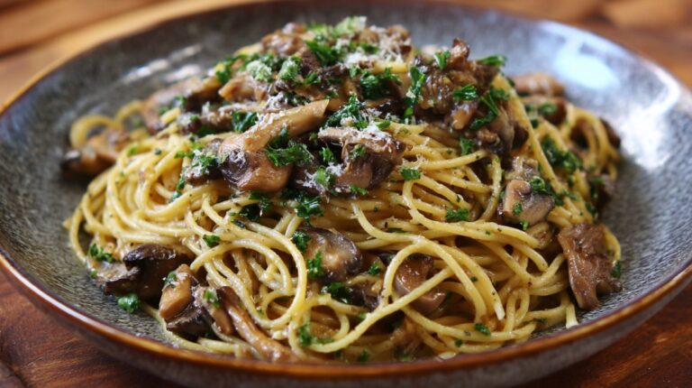 Bowl of spaghetti pasta topped with sautéed mushrooms, garlic, parsley, and grated cheese