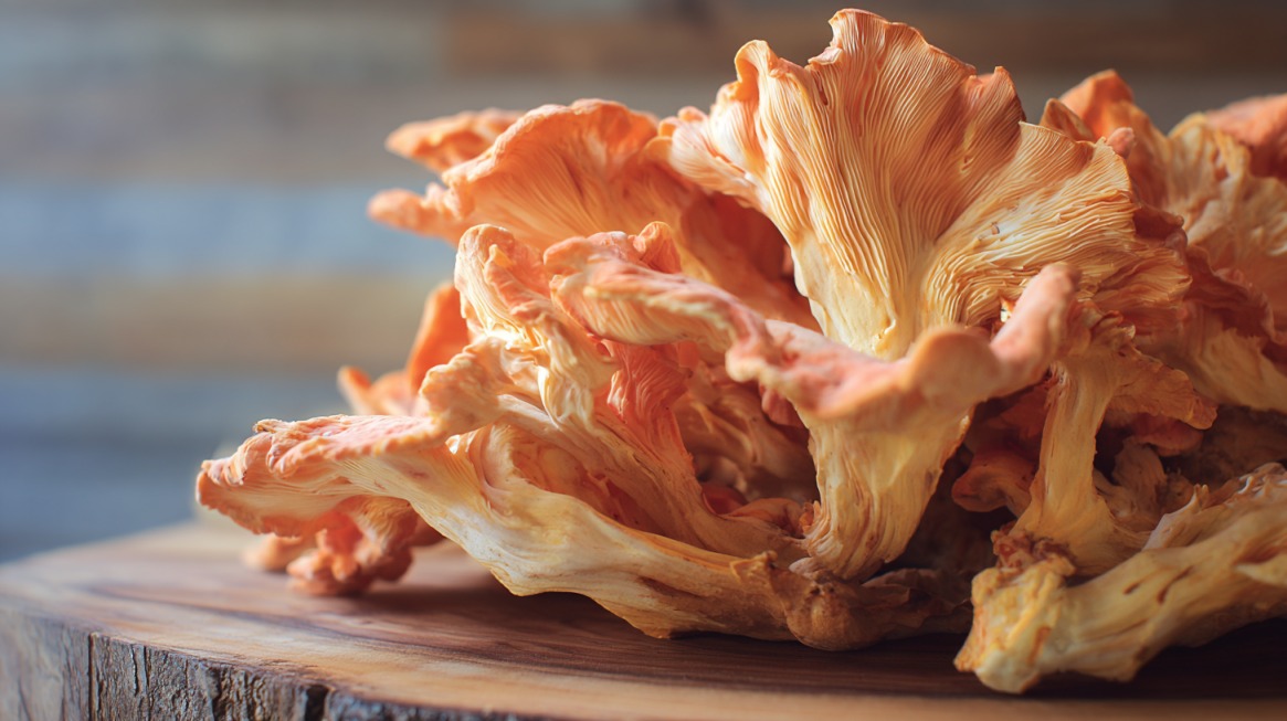 Close-up of raw Chicken of the Woods mushrooms on a wooden surface, showcasing their bright orange color and layered texture