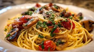 Plate of spaghetti pasta topped with mushrooms, cherry tomatoes, parsley, and grated cheese