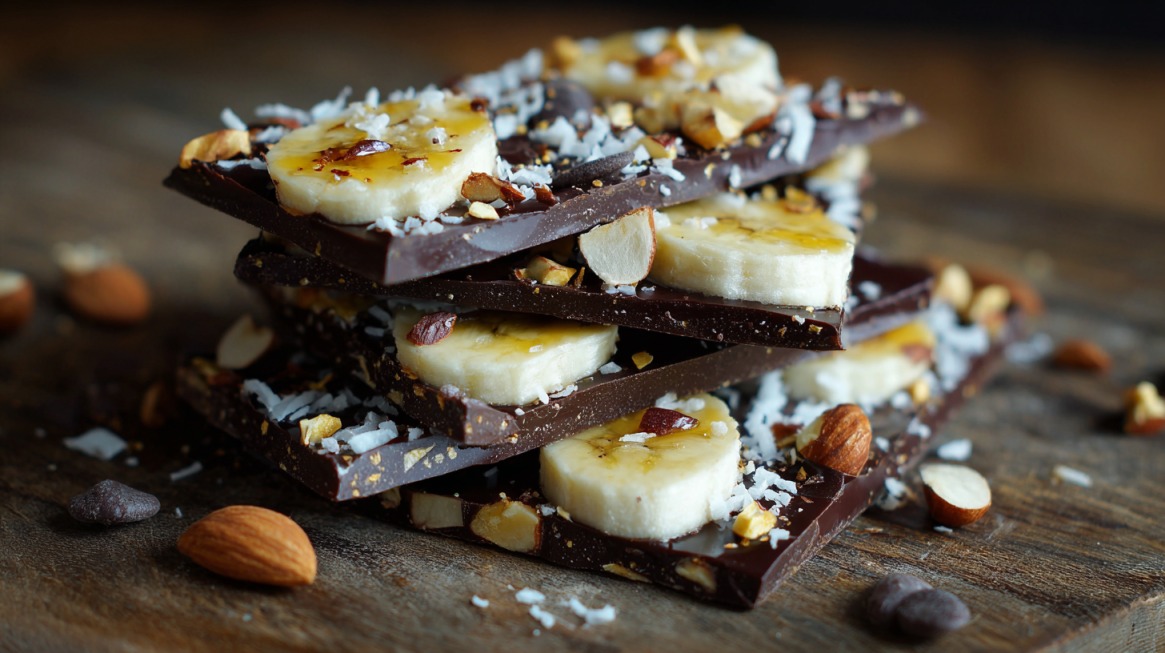 Stacked pieces of chocolate bark topped with banana slices, shredded coconut, and chopped nuts on a wooden surface