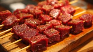 Close-up of raw beef cubes on wooden skewers, seasoned and arranged on a cutting board