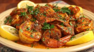 Close-up of Cajun jerk shrimp boil served on a plate with fresh parsley and lemon wedges