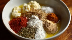 Bowl of Cajun jerk marinade ingredients including spices, herbs, butter, and oil before mixing