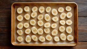 Banana slices evenly arranged on a parchment-lined baking sheet, ready for a dessert recipe