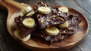Wooden plate filled with broken pieces of chocolate bark topped with banana slices, coconut, and nuts, ready to serve