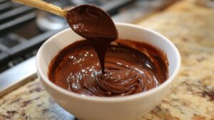Bowl of melted chocolate with a spoon lifting smooth chocolate, ready for dessert preparation