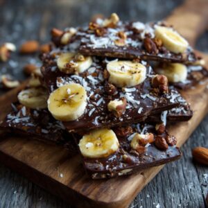 Homemade chocolate bark topped with banana slices, shredded coconut, and chopped nuts on a wooden board