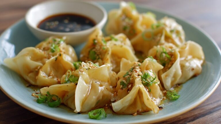 Plate of no-fold wontons topped with sesame seeds and scallions, served with dipping sauce