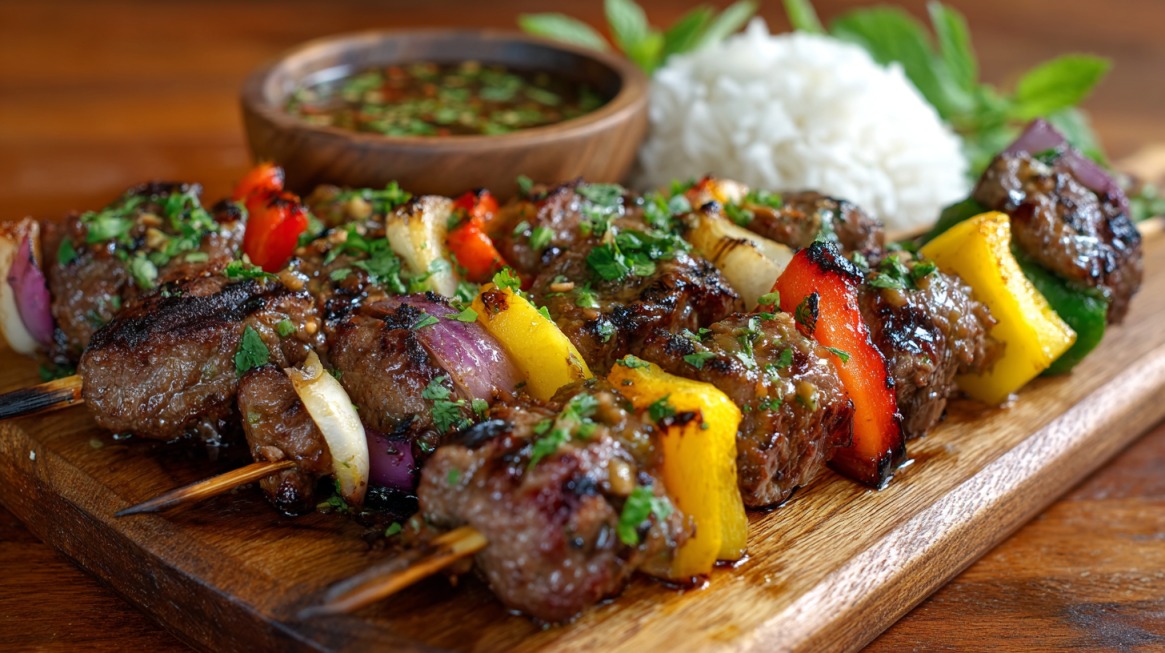 Grilled lemongrass beef kabobs served with red and yellow peppers, onions, fresh herbs, rice, and dipping sauce on a wooden board
