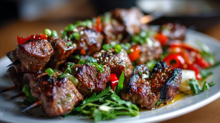 Close-up of grilled beef kabobs garnished with herbs, sesame seeds, and sliced chili peppers on a white plate
