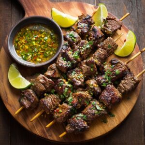 Grilled lemongrass beef kabobs garnished with herbs and chili flakes, served on a wooden platter with lime wedges and dipping sauce