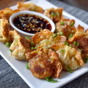 A plate of crispy fried wontons served with soy dipping sauce, garnished with green onions