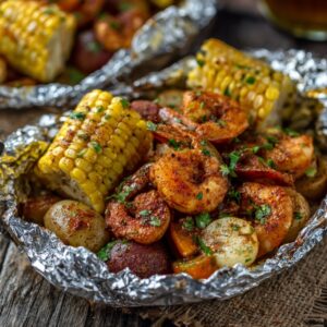 Foil pack filled with seasoned shrimp, corn on the cob, potatoes, and sausage, topped with herbs
