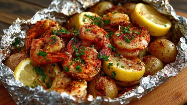 Foil pack filled with Cajun jerk shrimp, baby potatoes, lemon wedges, and parsley