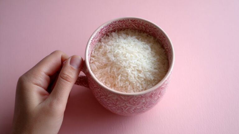 A hand holding a cup filled with uncooked white rice, showing portion size equal to half a cup of rice
