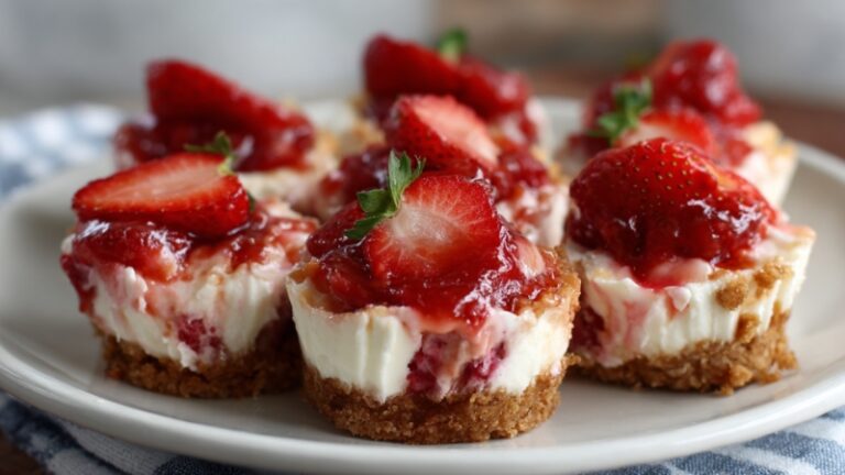 Strawberry cheesecake bites topped with fresh strawberries and strawberry sauce, set on a crumbly crust and served on a white plate