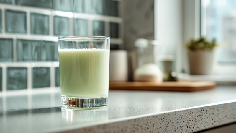 A glass of pea milk sits on a kitchen counter