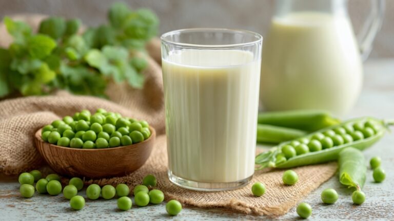 A glass of pea milk placed beside fresh green peas and pods on a rustic table