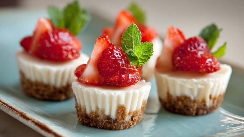 Mini strawberry cheesecake bites with a crumbly base, topped with fresh strawberries and mint leaves on a light blue plate