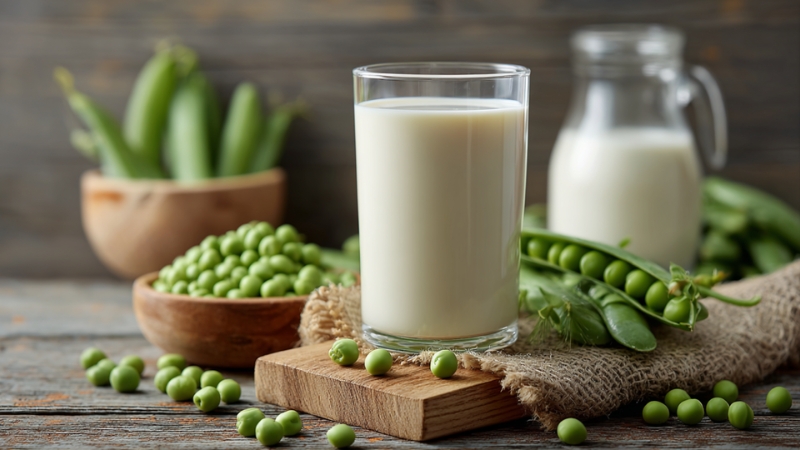 A glass of pea milk on a wooden surface with fresh green peas and pods around it
