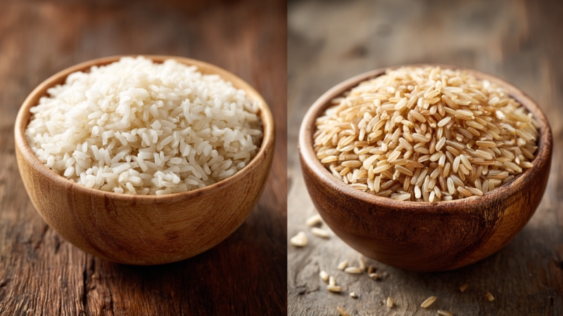Two wooden bowls side by side, one filled with white rice and the other with brown rice