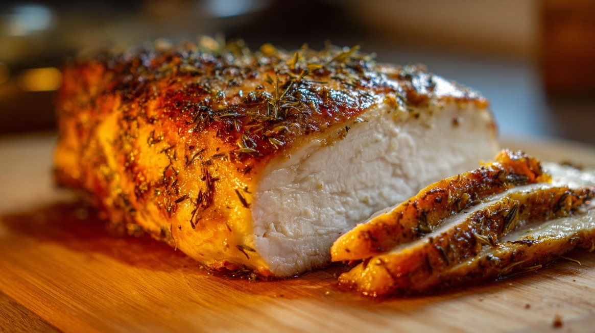 Sliced fully cooked turkey breast with herbs on a cutting board