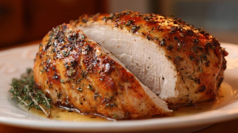 Sliced roasted turkey breast with herbs on a plate