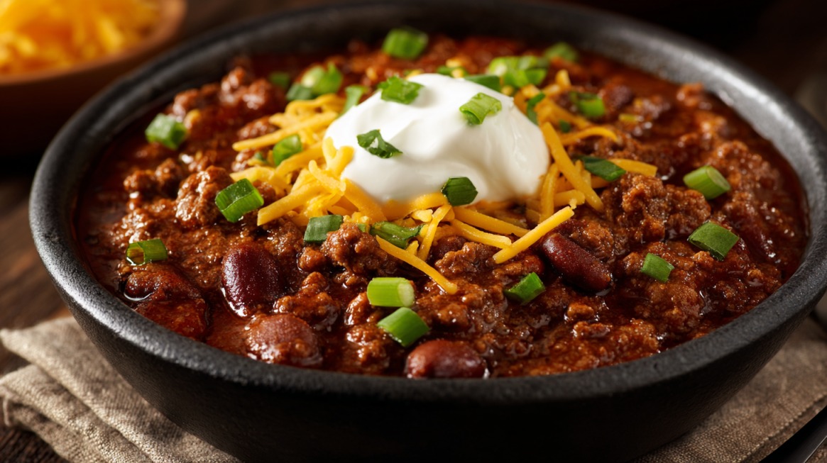 Bowl of chili topped with sour cream cheese and green onions