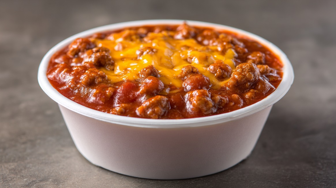 Bowl of chili with ground meat, tomato sauce, and melted cheese