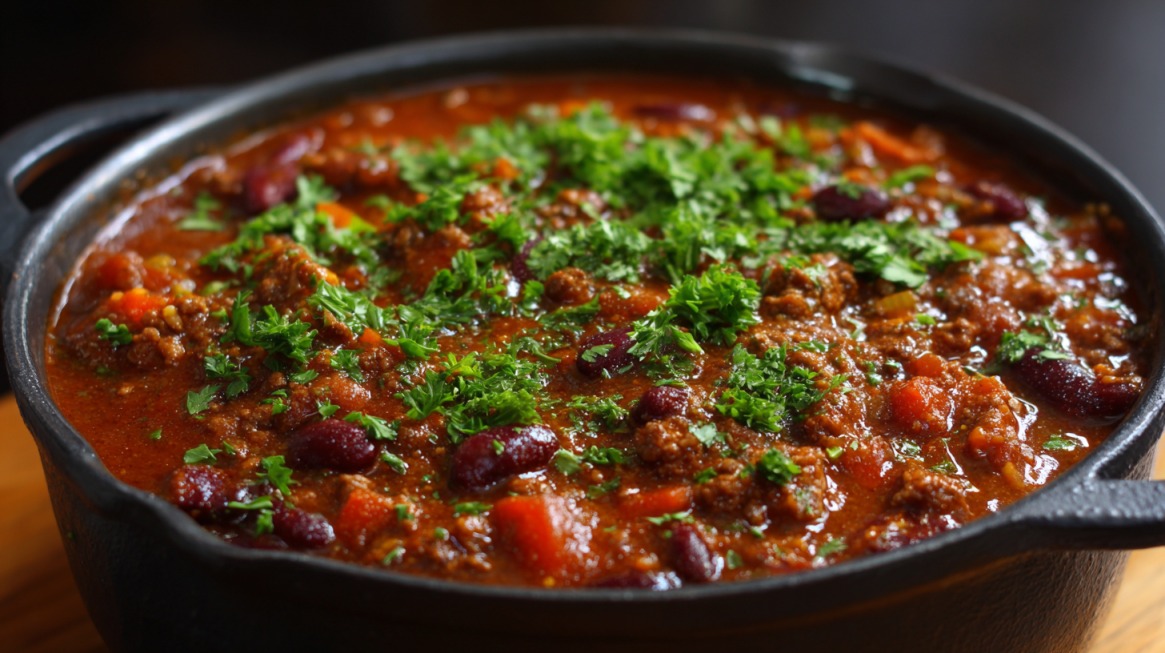 Cast iron pot filled with chili topped with fresh herbs