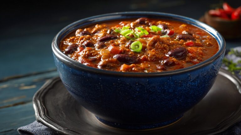 Bowl of chili with beans, ground meat, and green onion garnish