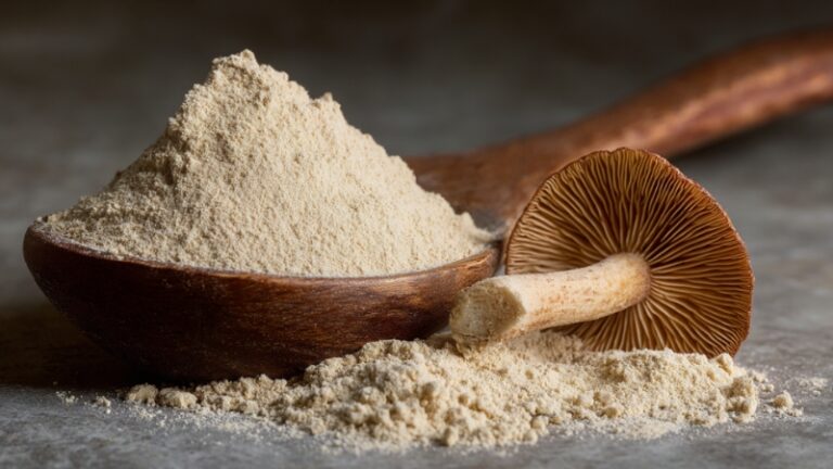 Wooden spoon filled with mushroom powder beside a fresh mushroom on a stone surface