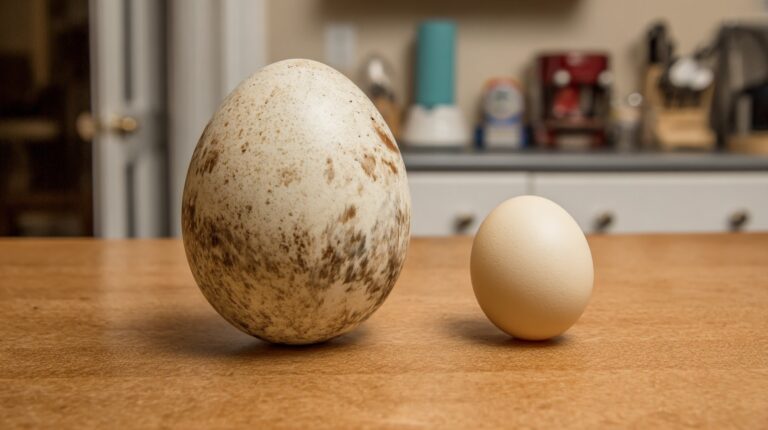 Large ostrich egg next to a small chicken egg showing size difference