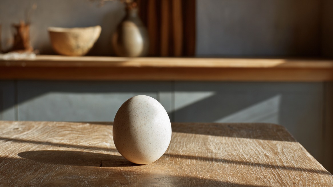 Single ostrich egg with a thick pale shell on a wooden surface