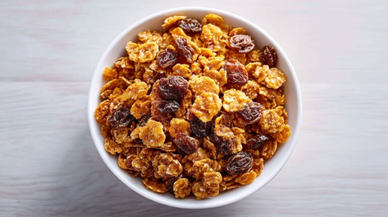 White bowl filled with Raisin Bran cereal and raisins