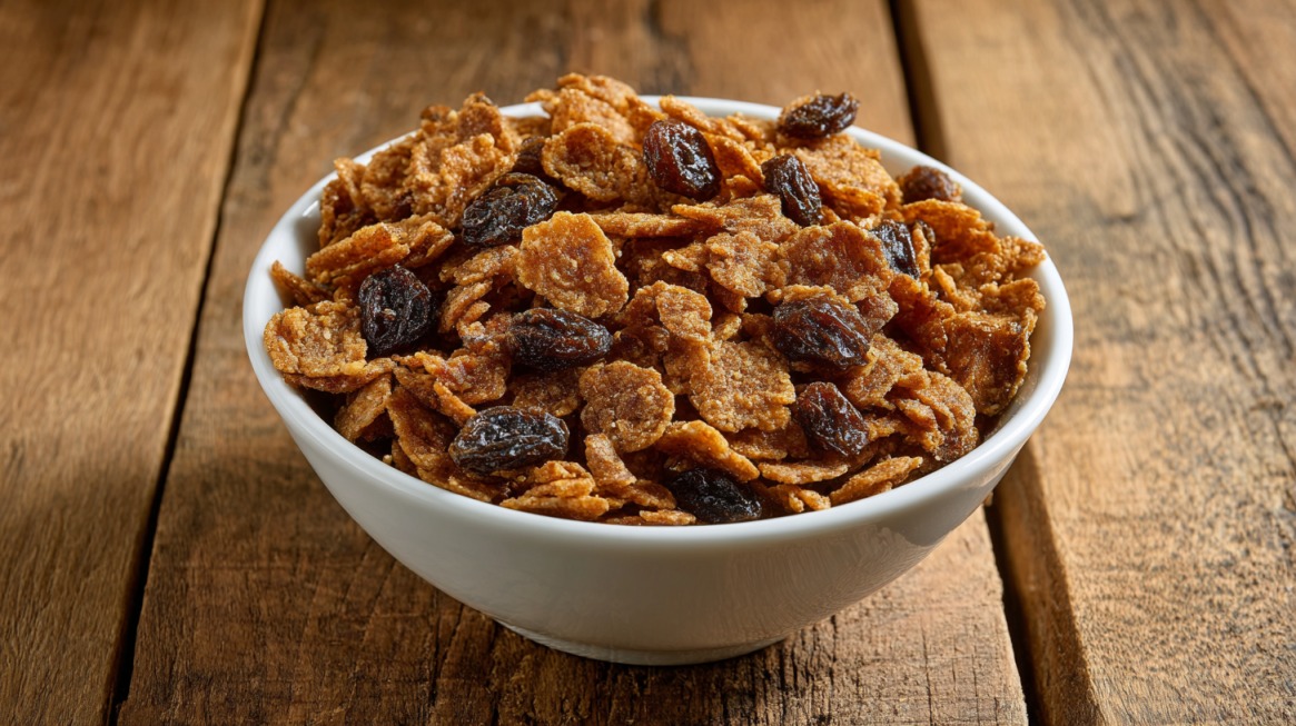 White bowl filled with Raisin Bran cereal and raisins on wood
