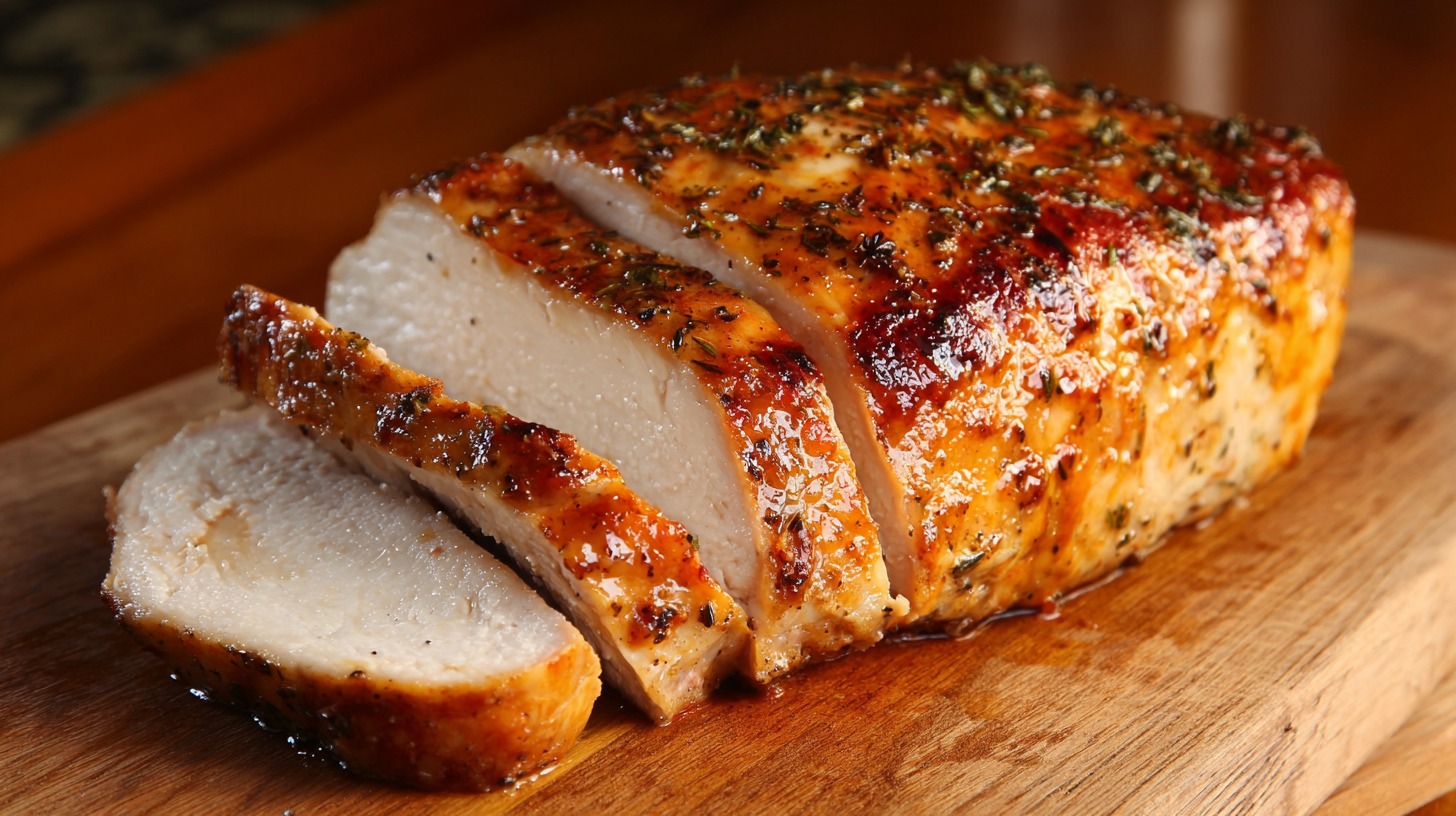 Sliced roasted turkey breast on a wooden cutting board