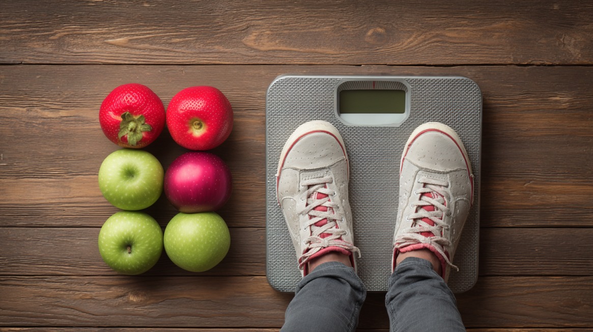 Person standing on a scale next to apples on a wooden floor
