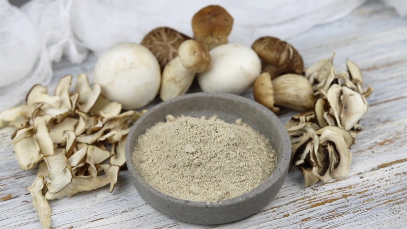 Bowl of mushroom powder surrounded by fresh and dried mushrooms on a rustic table
