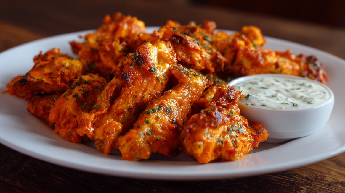 Spicy buffalo coated chicken of the woods with creamy dipping sauce